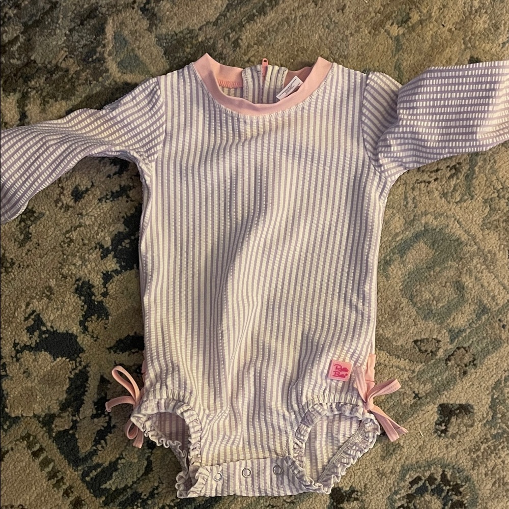 Purple and White Striped Kids One Piece with pink accents